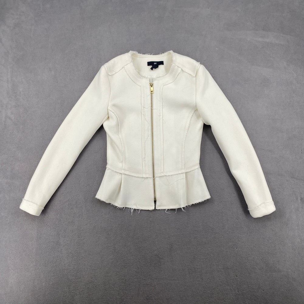 HM Womens Off White Textured Peplum Zip Front Jacket Raw Edge Fringe Size 4